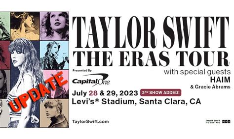 The Eras Tour promotional poster Wikipedia The tour will spend 2 nights at Santa Clara’s Levi’s Stadium on Friday, July 28 and Saturday, July 29 with HAIM and Gracie Abrams set to warm-up the ...